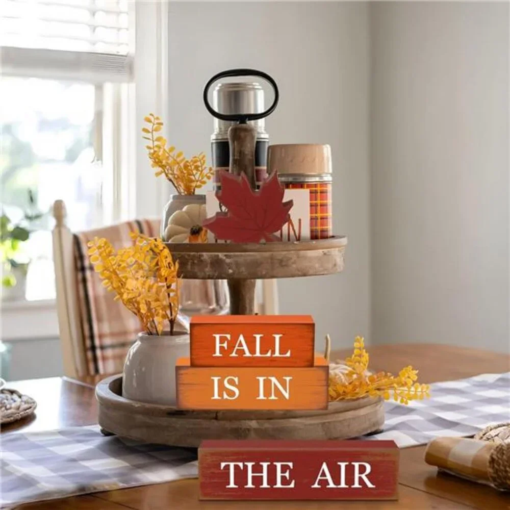 4 PCS Fall Maple Leaf Wooden Table Block Sign Thanksgiving Wood Tiered Tray - Picture 5 of 8